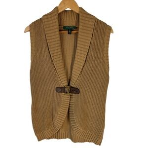 Lauren Ralph Lauren Y2K Tan Cotton Cable Knit Open Front Vest Sz P/M